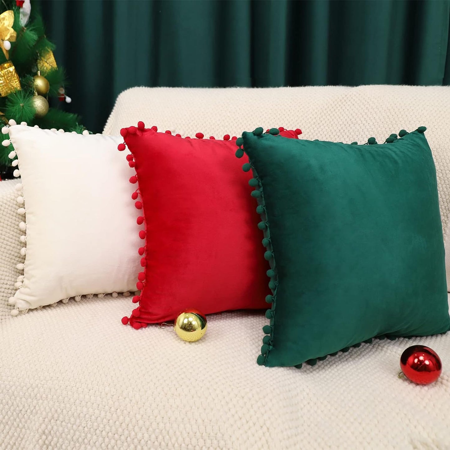 Elegant Velvet Throw Pillow Covers with Pom Poms, Set of 2, 18x18 Cream White Cushion Cases for Couch, Bedroom, Car, and Outdoor Use