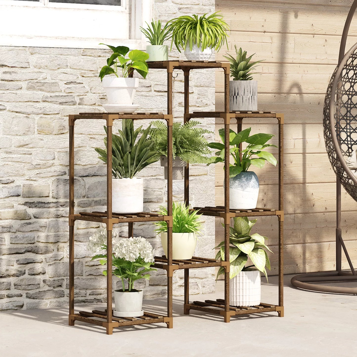 Outdoor and Indoor Wooden Tiered Plant Stand - Multi-Plant Ladder Rack