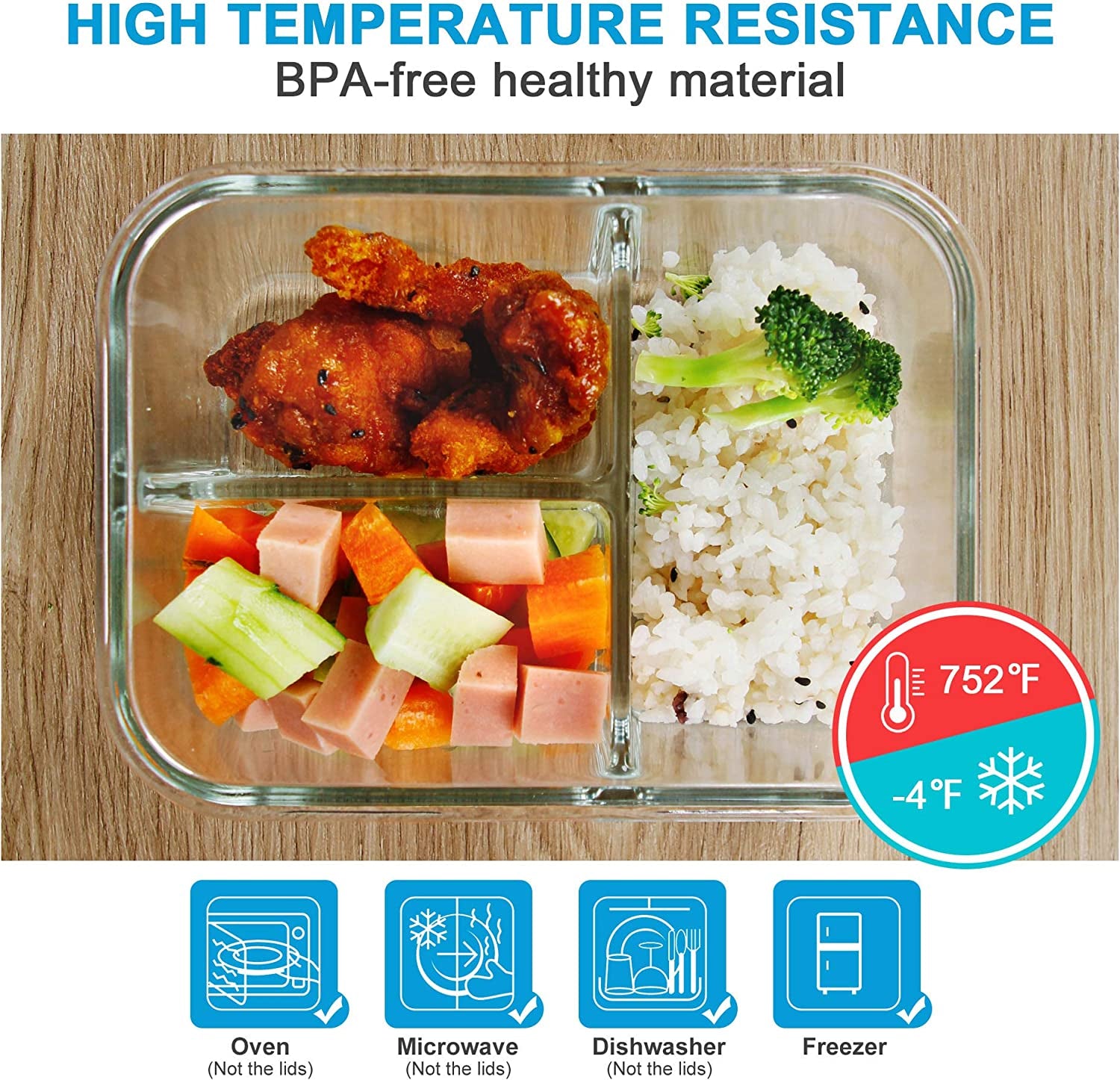 36 Oz Glass Bento Box Meal Prep Containers - 3 Pack with 3 Compartments, Lids, Oven & Microwave Safe Food Storage Bowls