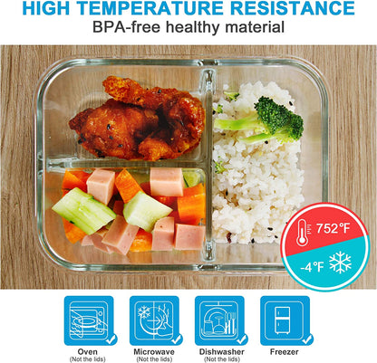 36 Oz Glass Bento Box Meal Prep Containers - 3 Pack with 3 Compartments, Lids, Oven & Microwave Safe Food Storage Bowls