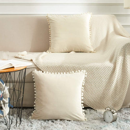 Elegant Velvet Throw Pillow Covers with Pom Poms, Set of 2, 18x18 Cream White Cushion Cases for Couch, Bedroom, Car, and Outdoor Use