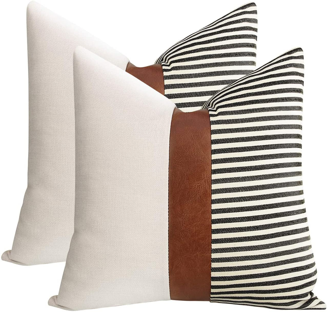 Set of 2 20x20 Inch Farmhouse Stripe Patchwork Linen Throw Pillow Covers with Modern Faux Leather for Couch and Sofa, Black