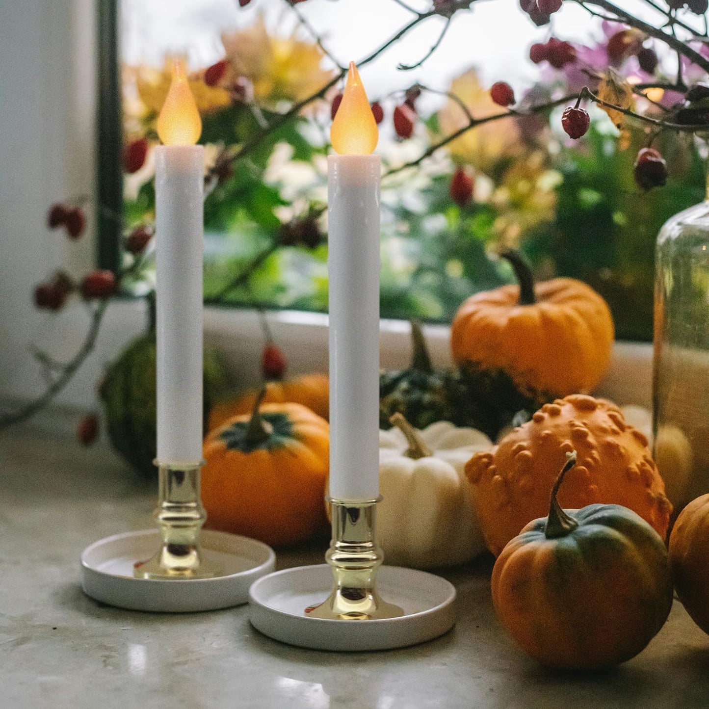 White Taper Candles with Gold Holders - Pack of 2, 9.9" Flameless LED with 5/19 Auto Timer and Batteries Included for Wedding, Dinner, and Home Decor