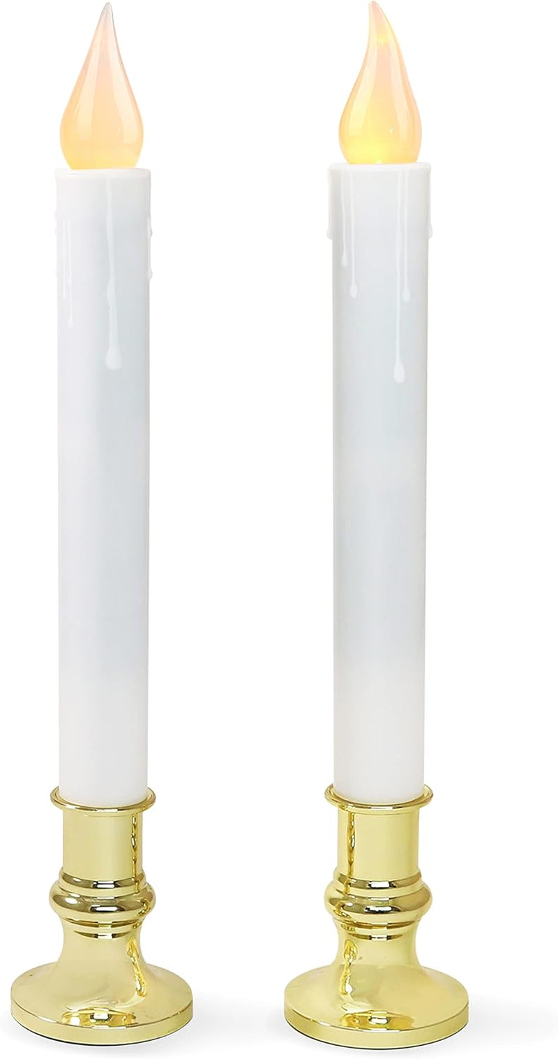White Taper Candles with Gold Holders - Pack of 2, 9.9" Flameless LED with 5/19 Auto Timer and Batteries Included for Wedding, Dinner, and Home Decor