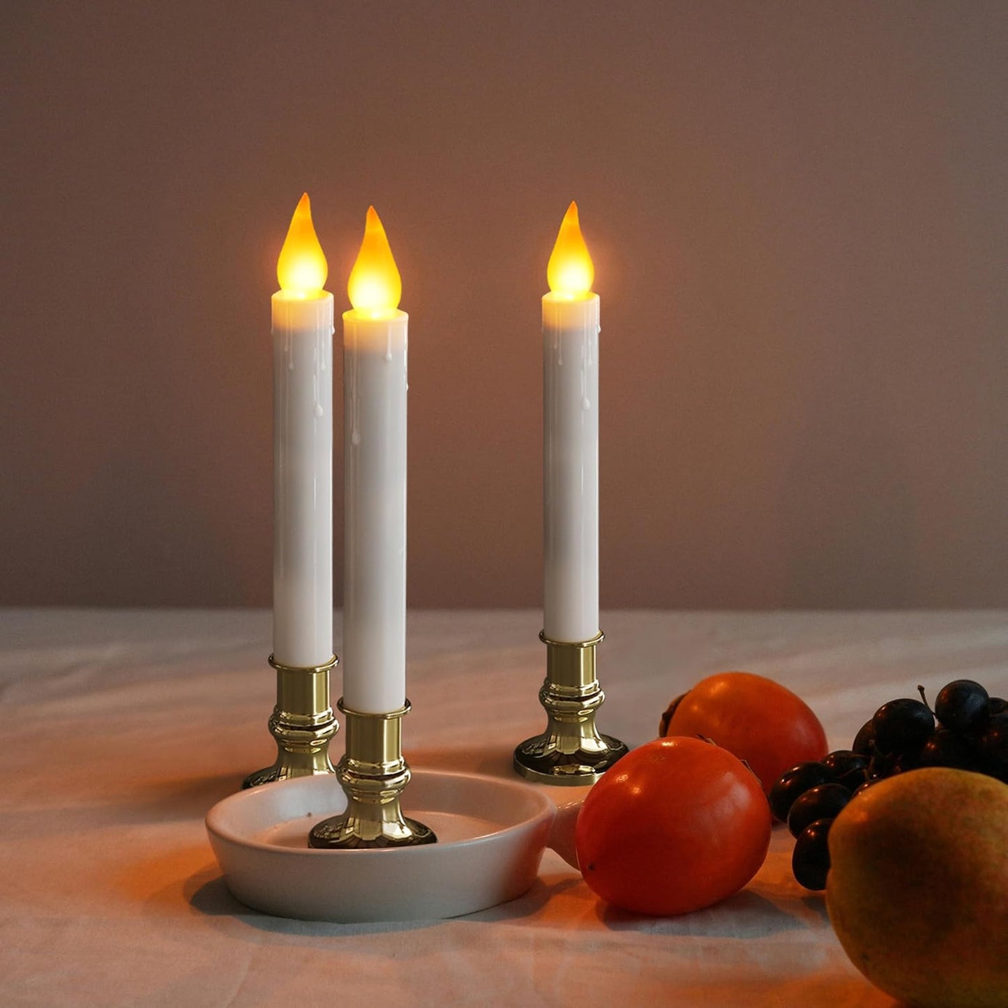 White Taper Candles with Gold Holders - Pack of 2, 9.9" Flameless LED with 5/19 Auto Timer and Batteries Included for Wedding, Dinner, and Home Decor