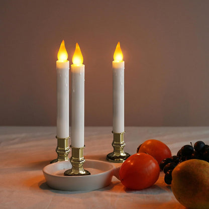 White Taper Candles with Gold Holders - Pack of 2, 9.9" Flameless LED with 5/19 Auto Timer and Batteries Included for Wedding, Dinner, and Home Decor
