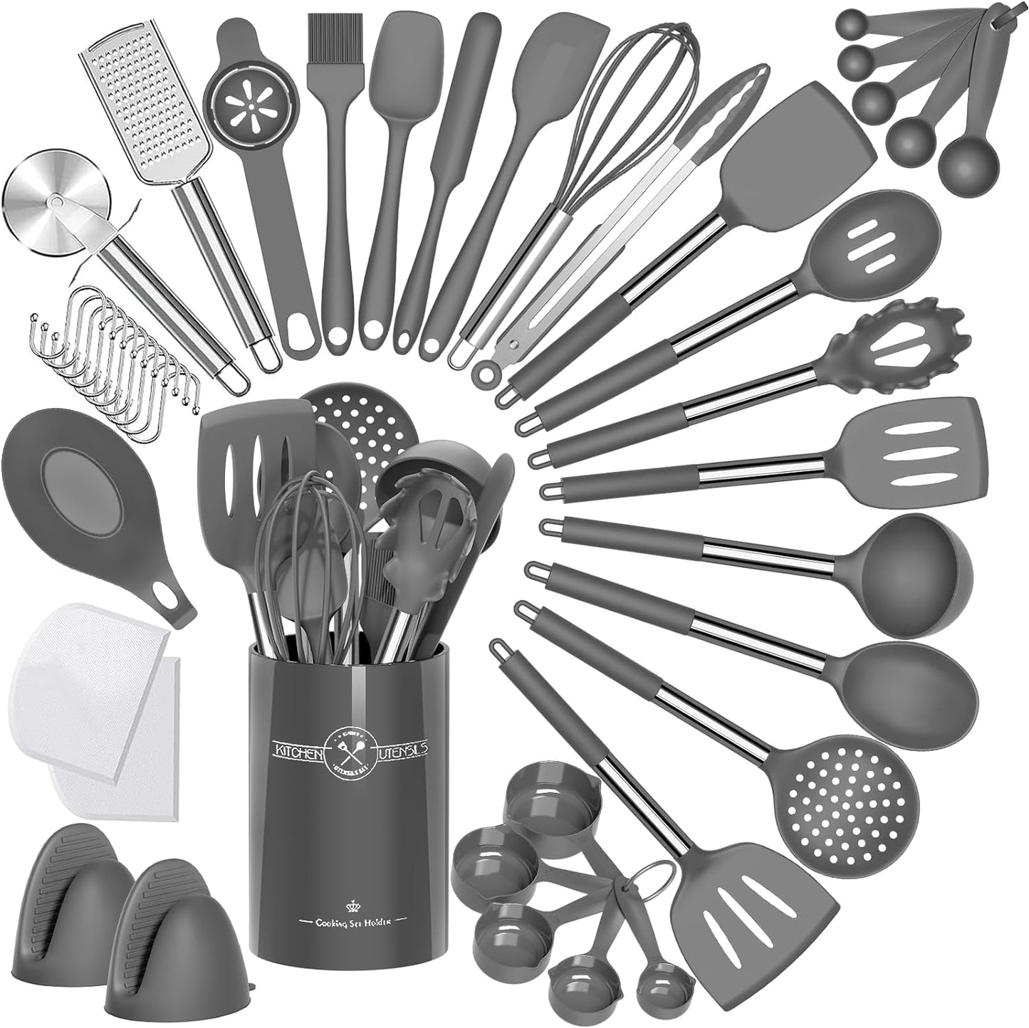 Silicone Kitchen Utensil Set - 43-Piece Non-Stick Heat-Resistant Spatula with Stainless Steel Handle (Grey)