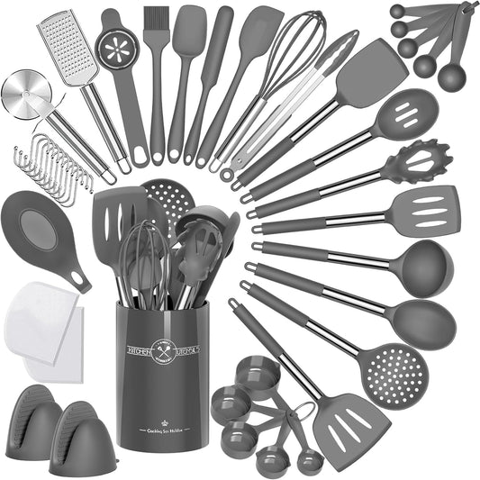 Silicone Kitchen Utensil Set - 43-Piece Non-Stick Heat-Resistant Spatula with Stainless Steel Handle (Grey)