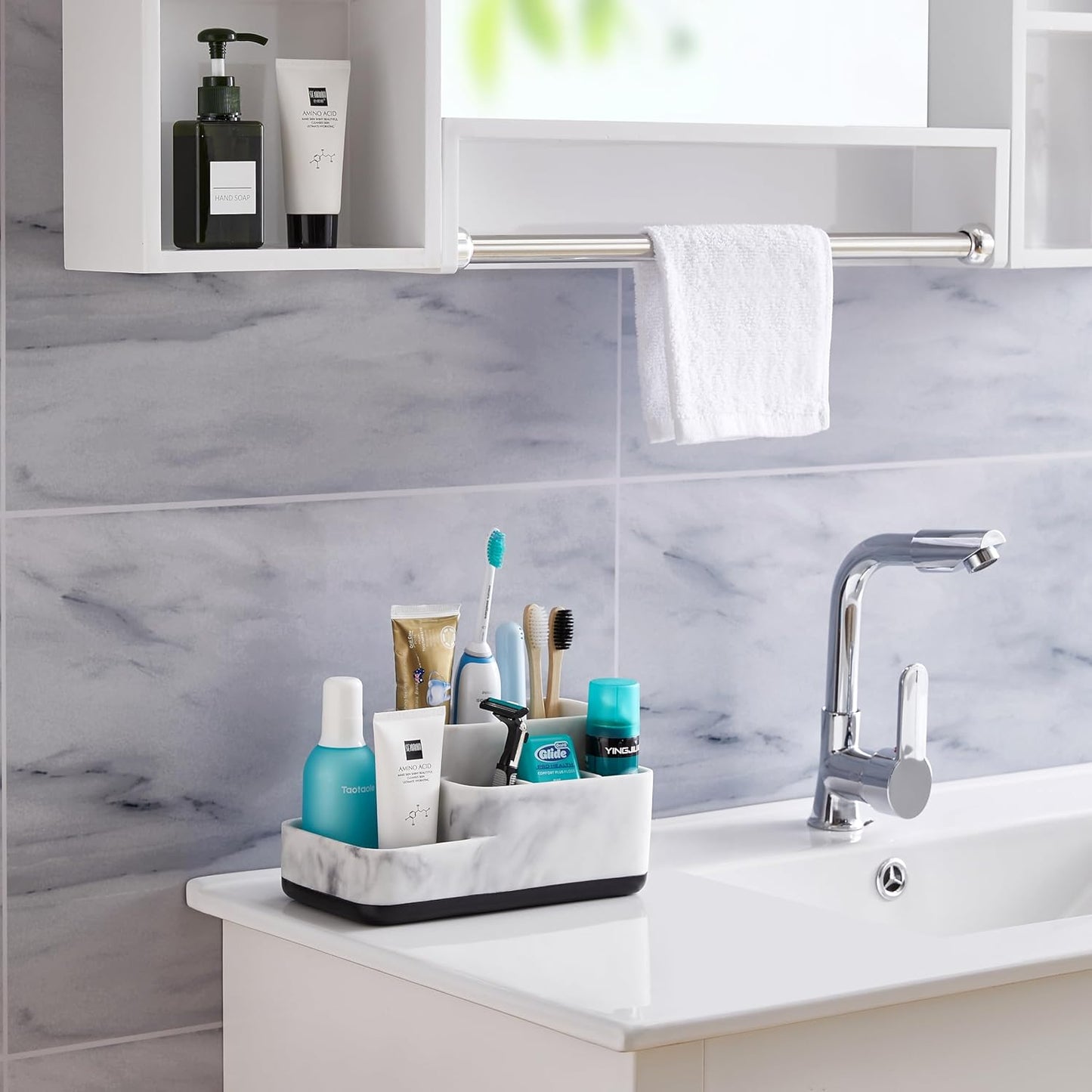 Multi-Functional Toothbrush Holder Organizer - Elegant White Marble Countertop Storage for Makeup, Skincare, and Accessories