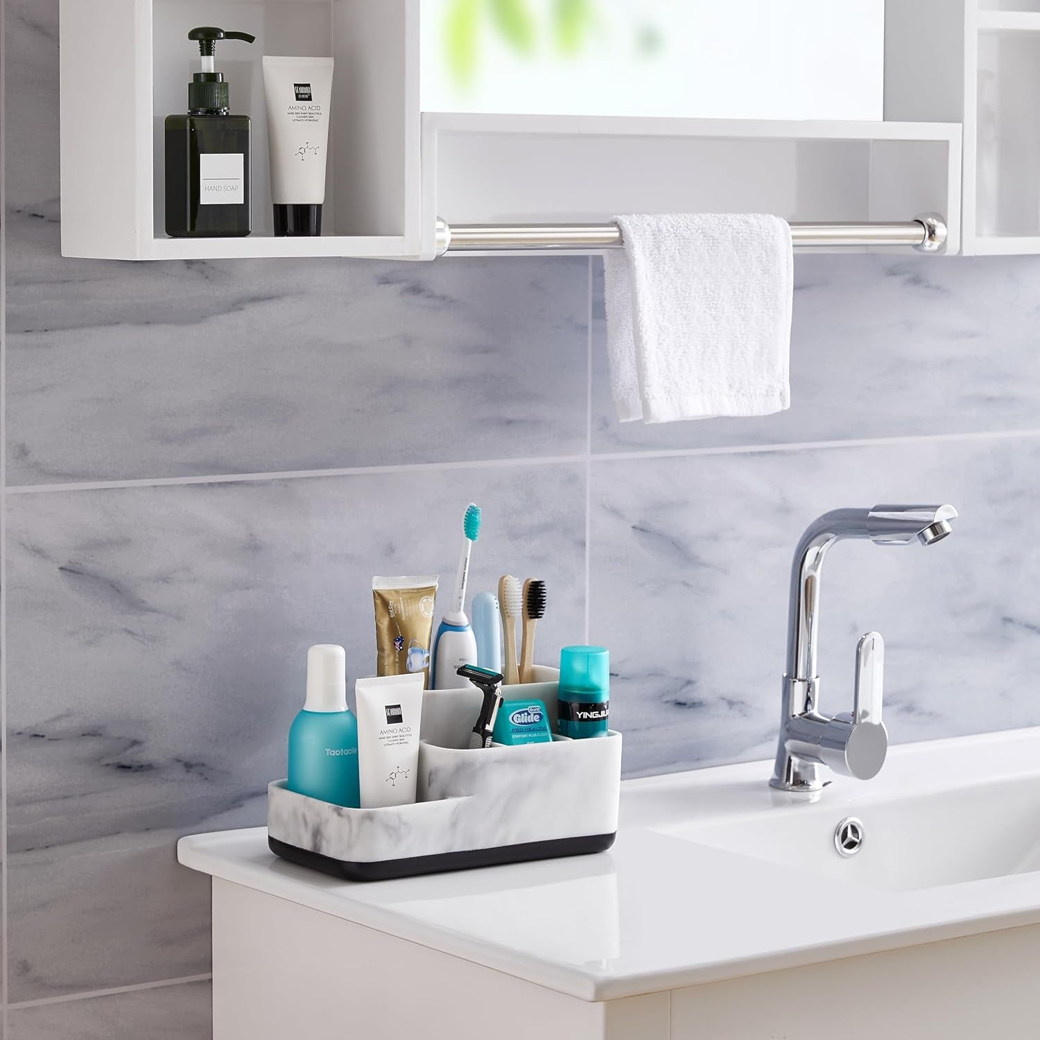Multi-Functional Toothbrush Holder Organizer - Elegant White Marble Countertop Storage for Makeup, Skincare, and Accessories