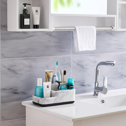 Multi-Functional Toothbrush Holder Organizer - Elegant White Marble Countertop Storage for Makeup, Skincare, and Accessories