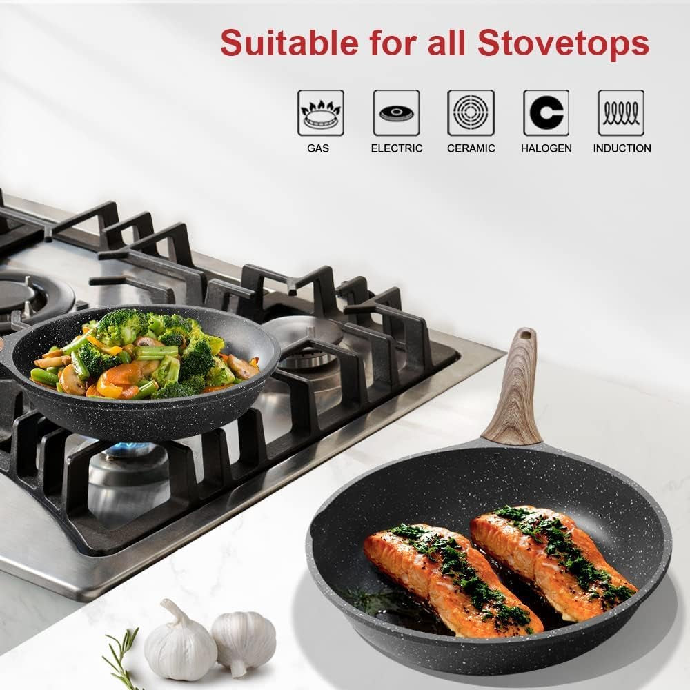 Granite Nonstick Frying Pan, Induction-Compatible Omelette Skillet, PFOA-Free Stone Cookware, 9.5 Inch (Gray)