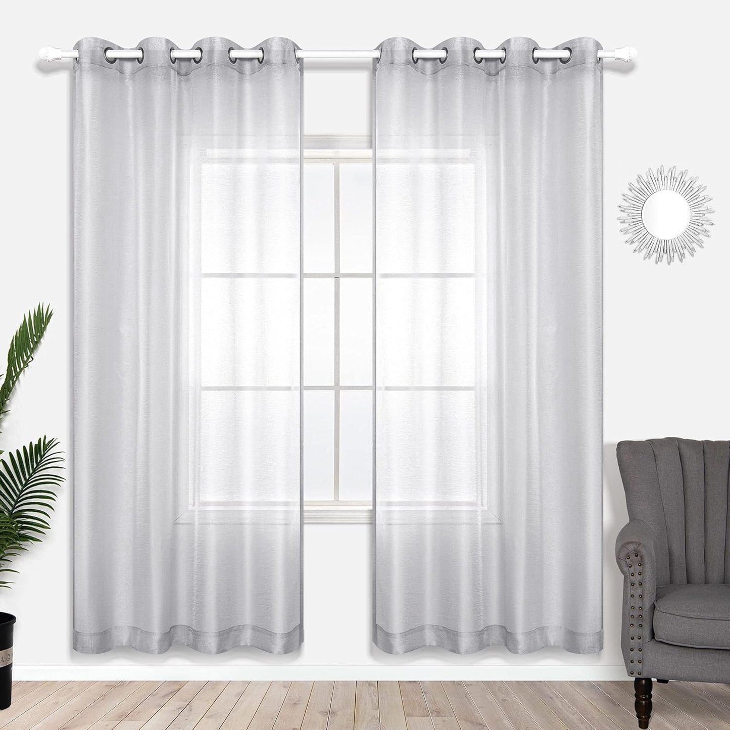 Silver Sheer Curtains, Luxury Curtain for Living Room Bedroom, Light Grey Grommet Backdrop Curtains for Party, 52 X 84 Inch Length, 2 Panels Set, Gray