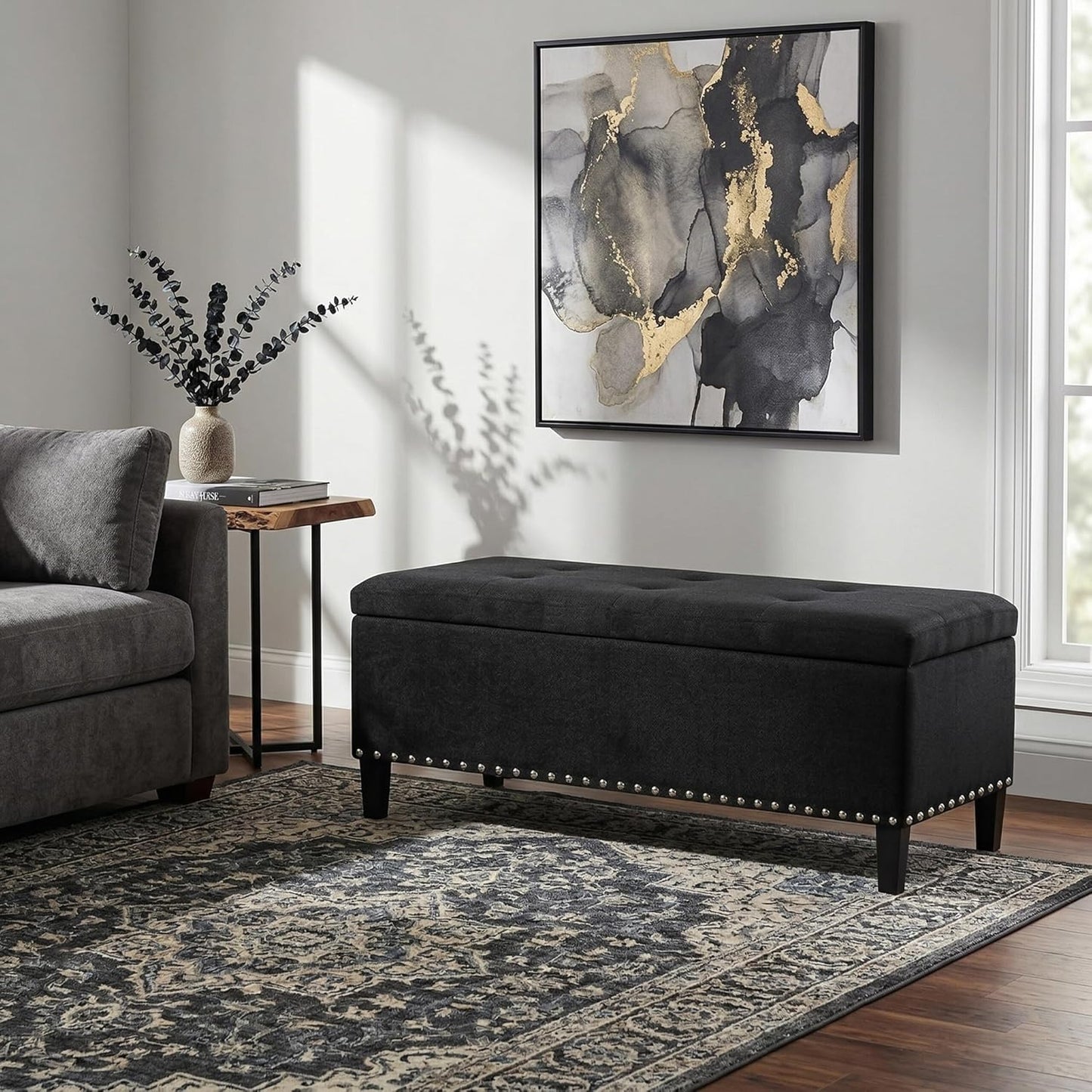 41" Large Storage Ottoman Bench with Nailhead Trim, Tufted Cotton Linen Rectangular Toy Chest, Sturdy End of Bed Bench for Bedroom & Entryway, Padded Footrest Stool with Safety Hinge, Black