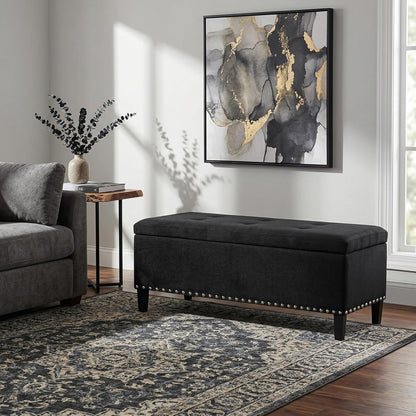 41" Large Storage Ottoman Bench with Nailhead Trim, Tufted Cotton Linen Rectangular Toy Chest, Sturdy End of Bed Bench for Bedroom & Entryway, Padded Footrest Stool with Safety Hinge, Black