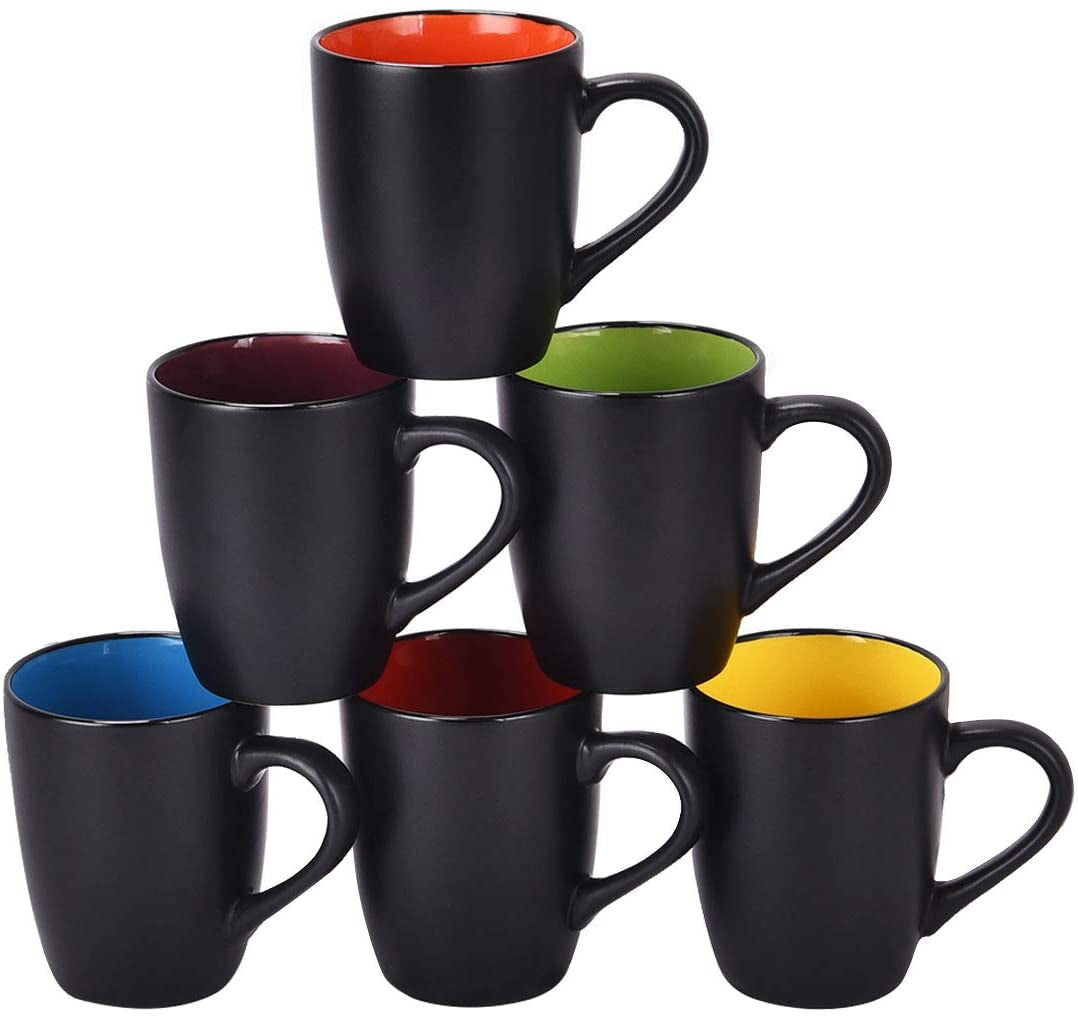 Set of 6 Contemporary Black Ceramic Coffee Mugs, 16 Ounce Capacity, Ideal for Home Use