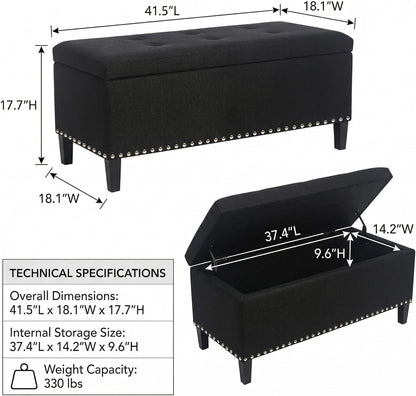 41" Large Storage Ottoman Bench with Nailhead Trim, Tufted Cotton Linen Rectangular Toy Chest, Sturdy End of Bed Bench for Bedroom & Entryway, Padded Footrest Stool with Safety Hinge, Black