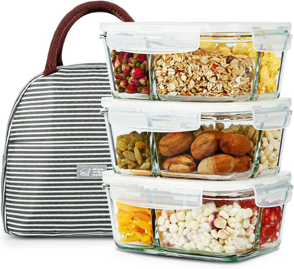 36 Oz Glass Bento Box Meal Prep Containers - 3 Pack with 3 Compartments, Lids, Oven & Microwave Safe Food Storage Bowls