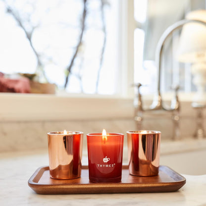 Aromatic Votive Candle Set – Trio of Luxury Scented Candles Featuring Freshly Pressed Apple, Clove, and Cardamom – Elegant Red and Rose Gold Design (Simmered Cider, 2 Oz Each)