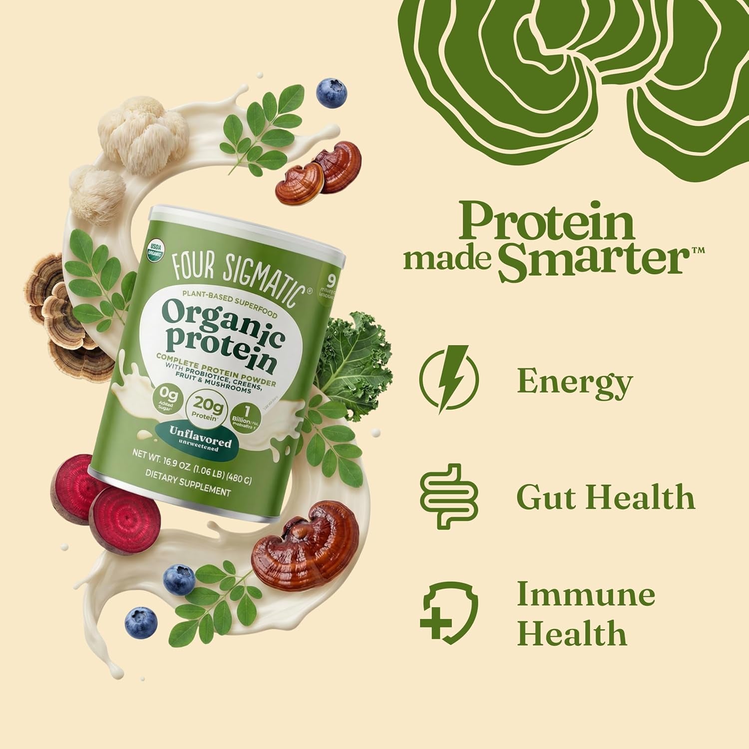 Organic Plant-Based Protein Powder with Lion’s Mane, Chaga, Cordyceps, and Additional Ingredients for Enhanced Brain Function and Immune Support | Unflavored, 16.9 Oz