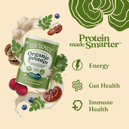 Organic Plant-Based Protein Powder with Lion’s Mane, Chaga, Cordyceps, and Additional Ingredients for Enhanced Brain Function and Immune Support | Unflavored, 16.9 Oz
