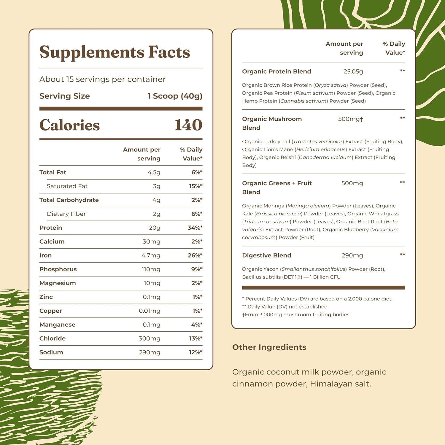 Organic Plant-Based Protein Powder with Lion’s Mane, Chaga, Cordyceps, and Additional Ingredients for Enhanced Brain Function and Immune Support | Unflavored, 16.9 Oz