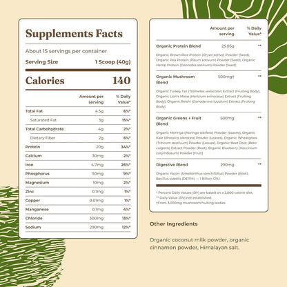 Organic Plant-Based Protein Powder with Lion’s Mane, Chaga, Cordyceps, and Additional Ingredients for Enhanced Brain Function and Immune Support | Unflavored, 16.9 Oz