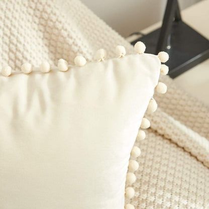 Elegant Velvet Throw Pillow Covers with Pom Poms, Set of 2, 18x18 Cream White Cushion Cases for Couch, Bedroom, Car, and Outdoor Use