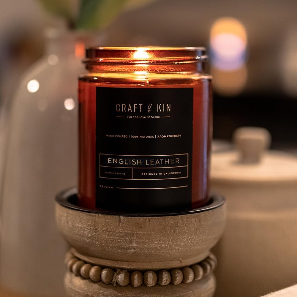 Premium English Leather Scented Candle - Long-Lasting 45-Hour Burn Time - Luxury Natural Soy Candle for Room Decor and Aromatherapy - 8 Oz
