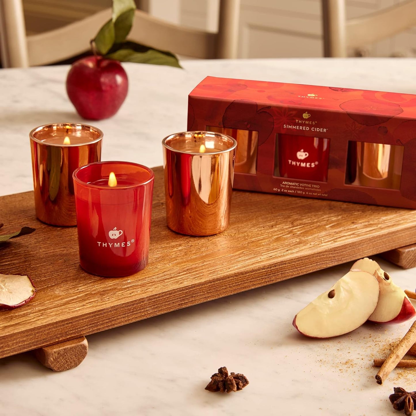 Aromatic Votive Candle Set – Trio of Luxury Scented Candles Featuring Freshly Pressed Apple, Clove, and Cardamom – Elegant Red and Rose Gold Design (Simmered Cider, 2 Oz Each)