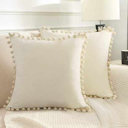 Elegant Velvet Throw Pillow Covers with Pom Poms, Set of 2, 18x18 Cream White Cushion Cases for Couch, Bedroom, Car, and Outdoor Use