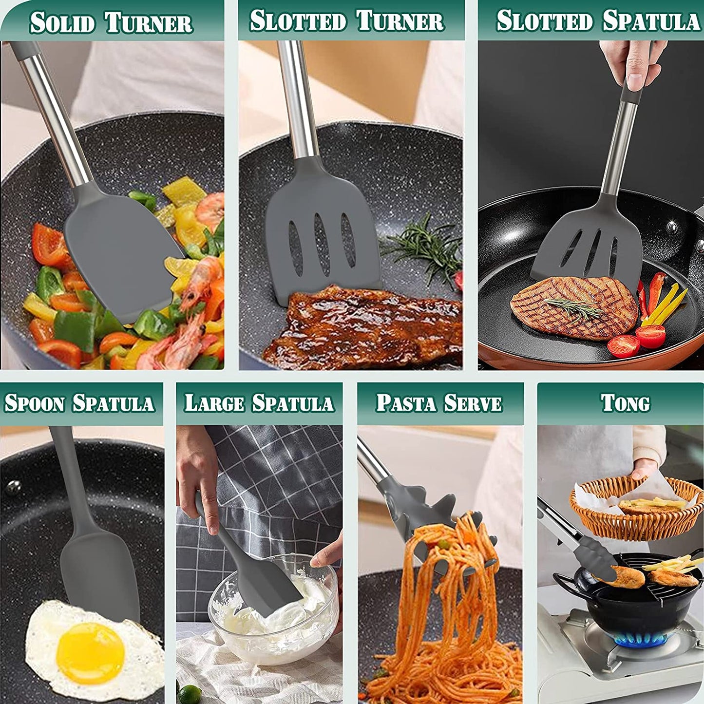 Silicone Kitchen Utensil Set - 43-Piece Non-Stick Heat-Resistant Spatula with Stainless Steel Handle (Grey)