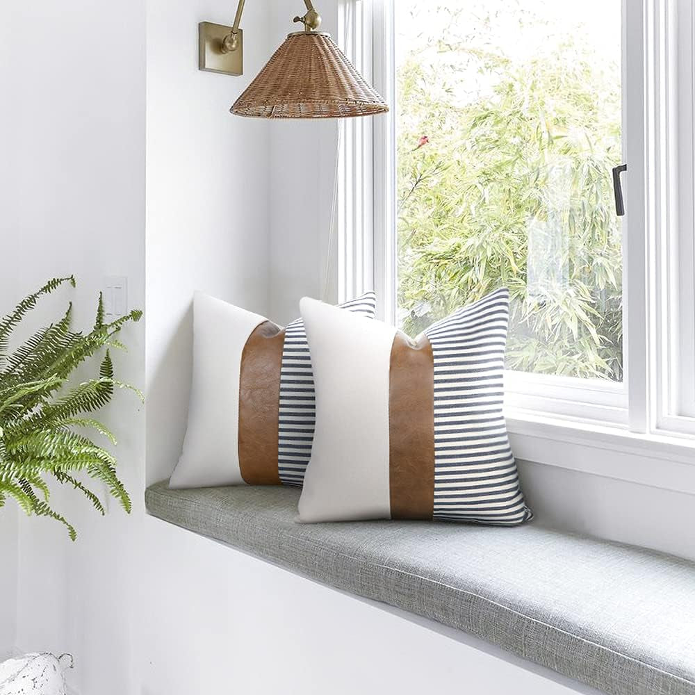 Set of 2 20x20 Inch Farmhouse Stripe Patchwork Linen Throw Pillow Covers with Modern Faux Leather for Couch and Sofa, Black