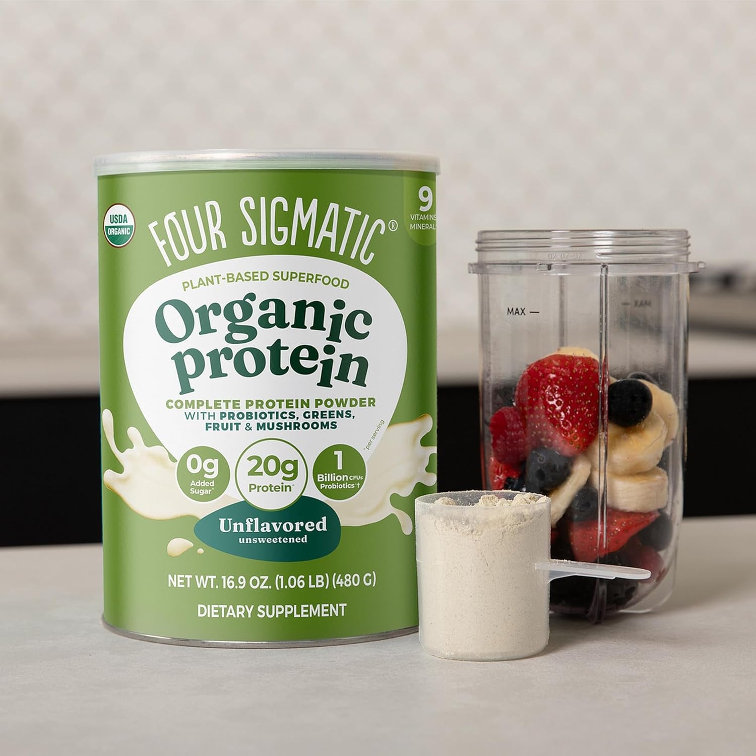 Organic Plant-Based Protein Powder with Lion’s Mane, Chaga, Cordyceps, and Additional Ingredients for Enhanced Brain Function and Immune Support | Unflavored, 16.9 Oz