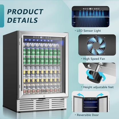 24 Inch Beverage Refrigerator, 180 Can Built-In Beverage Cooler, under Counter Beer Fridge with Glass Door for Soda, Water, Wine - for Kitchen, Bar or Office