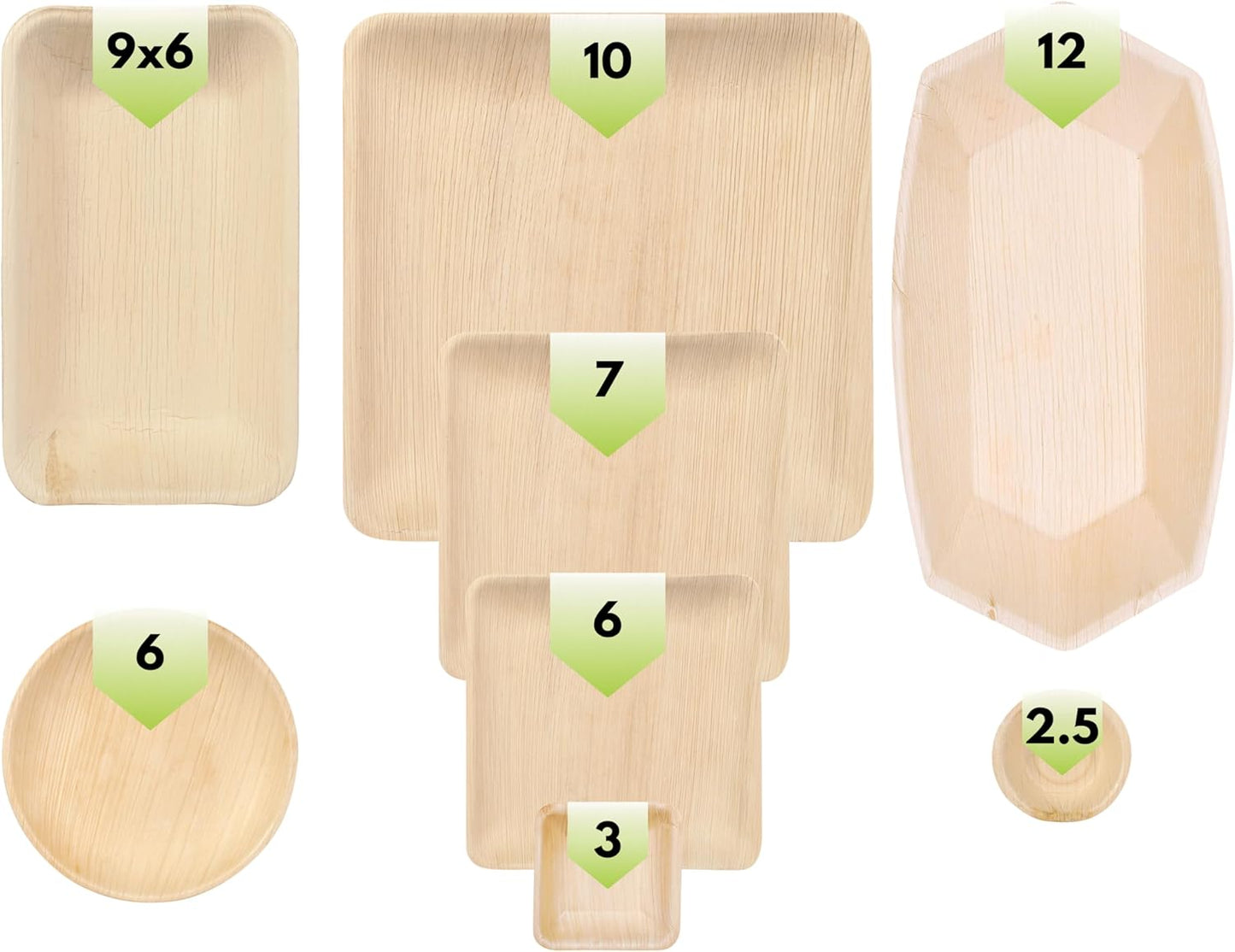 Palm Leaf Sample Pack [ 40 Pack ] - Includes 2.5" and 3" Inch Dipping Bowls, 6" round and Square Plates, 7 and 10 Inch Bamboo Plates, 9X6 Mini Trays and 12 Inch Boat Trays