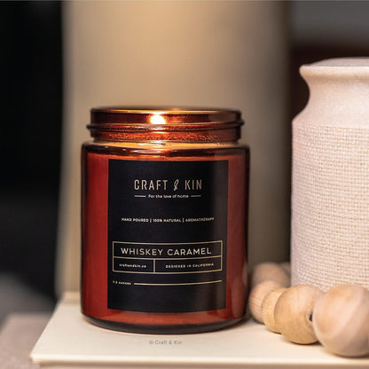 Premium Whiskey Caramel Scented Candle – Long Lasting, 45 Hour Burn Time – Luxury Natural Soy Scented Candle – Room Decor and Aromatherapy – 8 Oz