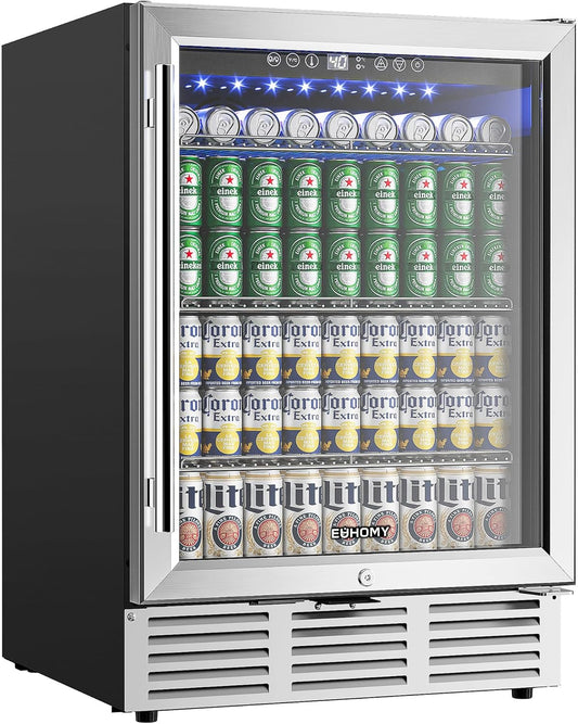 24 Inch Beverage Refrigerator, 180 Can Built-In Beverage Cooler, under Counter Beer Fridge with Glass Door for Soda, Water, Wine - for Kitchen, Bar or Office