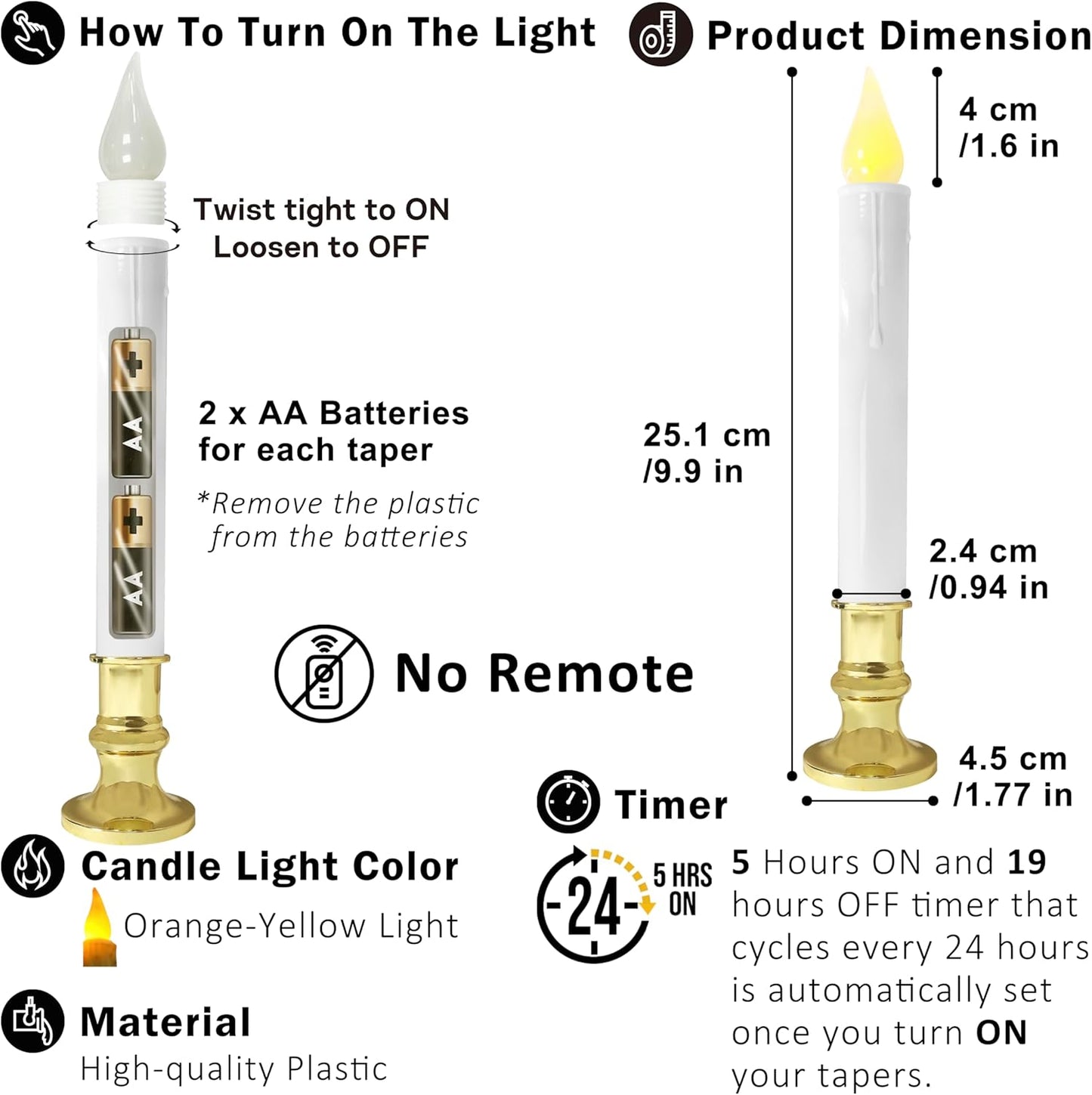 White Taper Candles with Gold Holders - Pack of 2, 9.9" Flameless LED with 5/19 Auto Timer and Batteries Included for Wedding, Dinner, and Home Decor