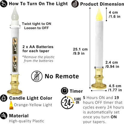 White Taper Candles with Gold Holders - Pack of 2, 9.9" Flameless LED with 5/19 Auto Timer and Batteries Included for Wedding, Dinner, and Home Decor