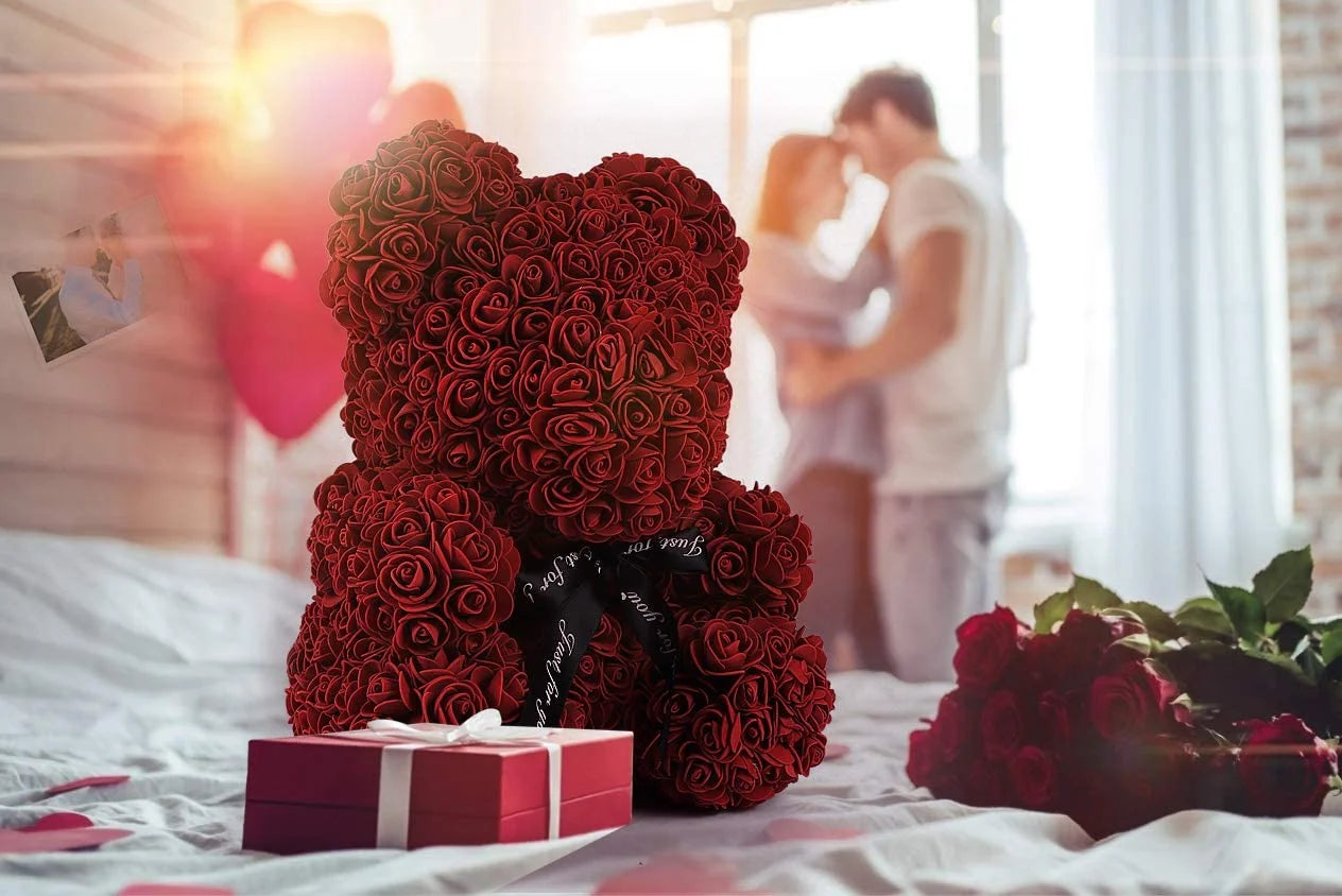 10-Inch Wine Red Rose Flower Bear - Perfect Gift for Valentine's Day, Mother's Day, and Christmas