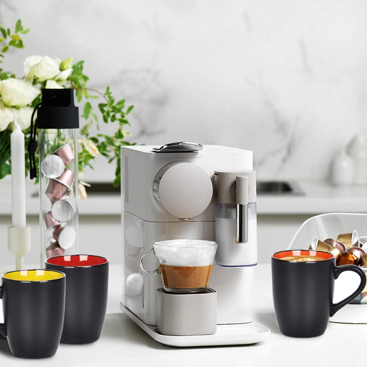 Set of 6 Contemporary Black Ceramic Coffee Mugs, 16 Ounce Capacity, Ideal for Home Use