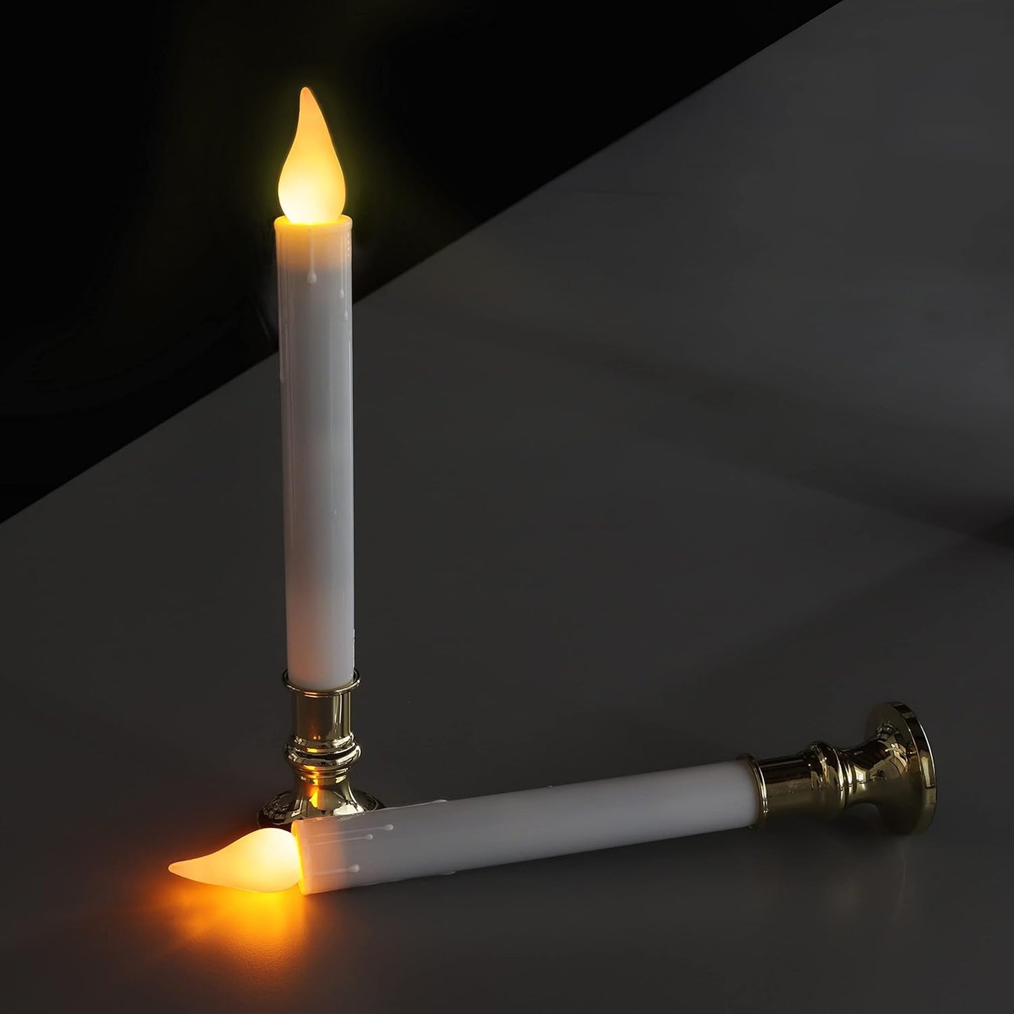 White Taper Candles with Gold Holders - Pack of 2, 9.9" Flameless LED with 5/19 Auto Timer and Batteries Included for Wedding, Dinner, and Home Decor