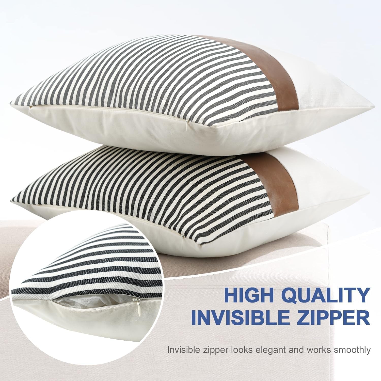 Set of 2 20x20 Inch Farmhouse Stripe Patchwork Linen Throw Pillow Covers with Modern Faux Leather for Couch and Sofa, Black