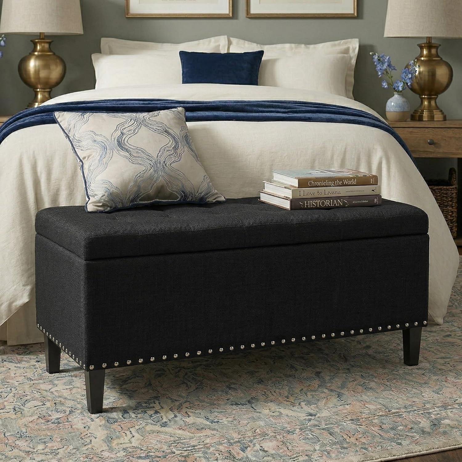 41" Large Storage Ottoman Bench with Nailhead Trim, Tufted Cotton Linen Rectangular Toy Chest, Sturdy End of Bed Bench for Bedroom & Entryway, Padded Footrest Stool with Safety Hinge, Black