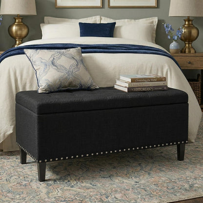 41" Large Storage Ottoman Bench with Nailhead Trim, Tufted Cotton Linen Rectangular Toy Chest, Sturdy End of Bed Bench for Bedroom & Entryway, Padded Footrest Stool with Safety Hinge, Black