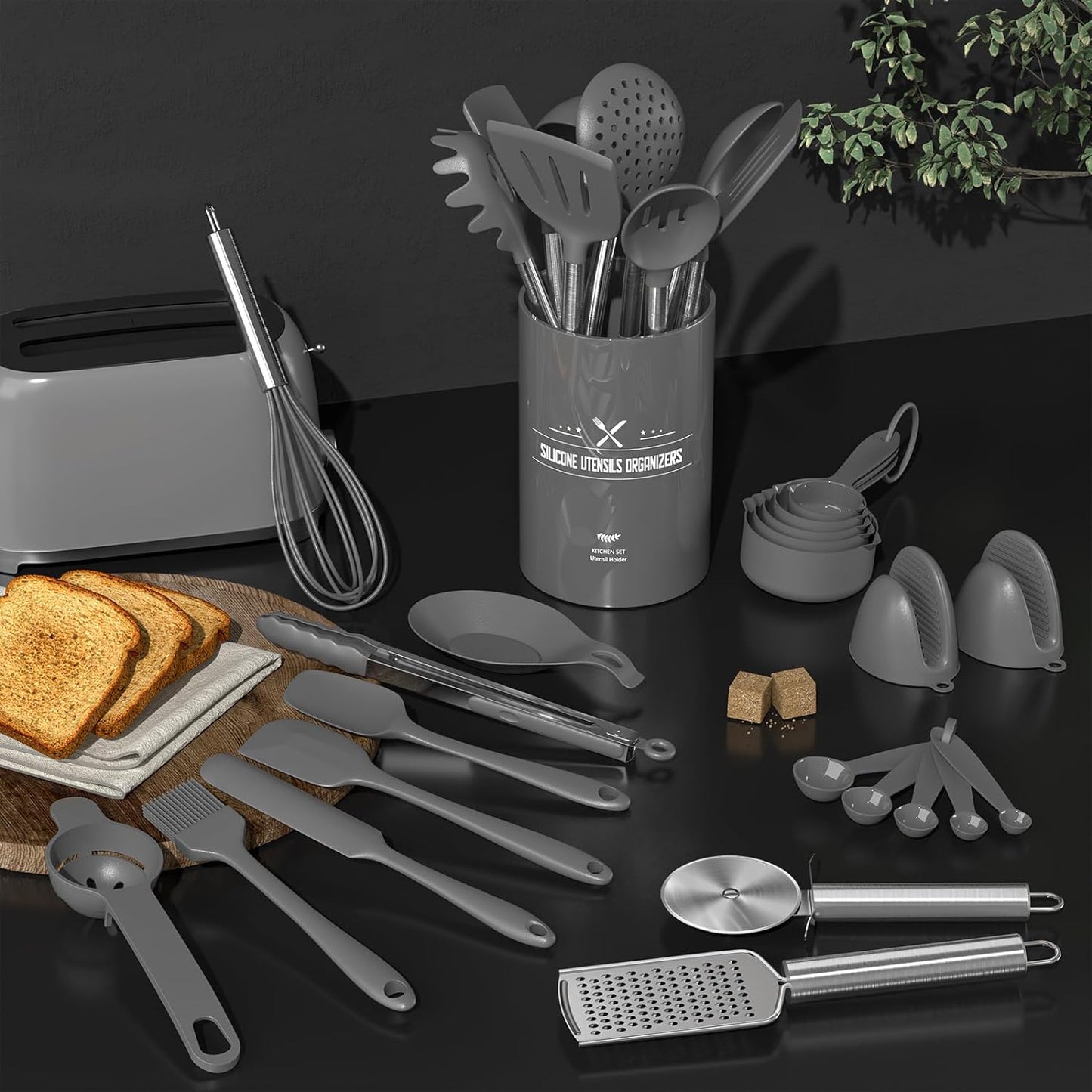 Silicone Kitchen Utensil Set - 43-Piece Non-Stick Heat-Resistant Spatula with Stainless Steel Handle (Grey)