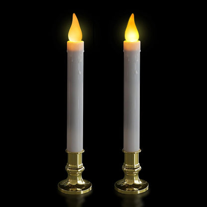 White Taper Candles with Gold Holders - Pack of 2, 9.9" Flameless LED with 5/19 Auto Timer and Batteries Included for Wedding, Dinner, and Home Decor