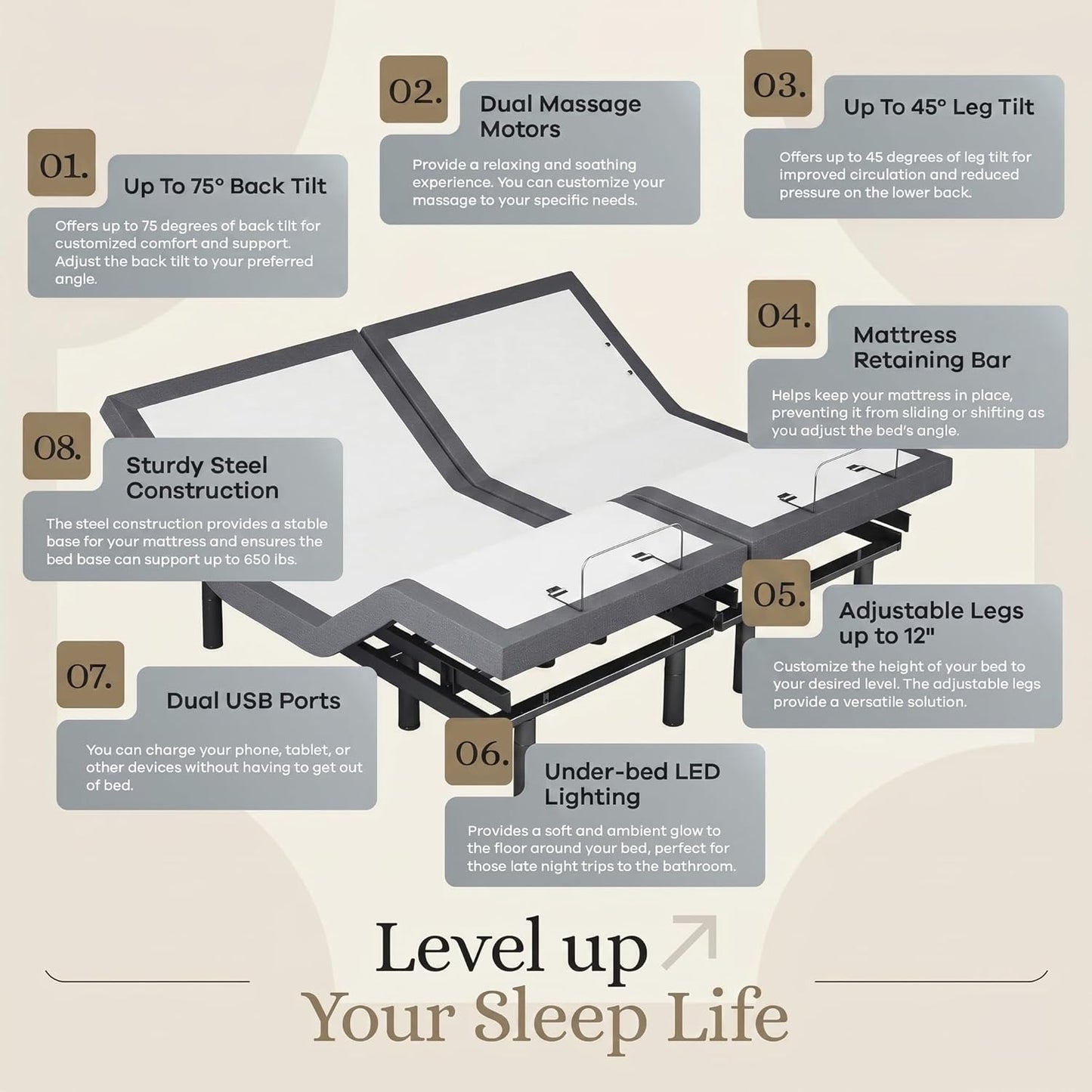 Classic Adjustable Bed Base, Head and Foot Lift, Massage, Under-Bed Lights, USB, Memory, Zero Gravity Smart Frame - King