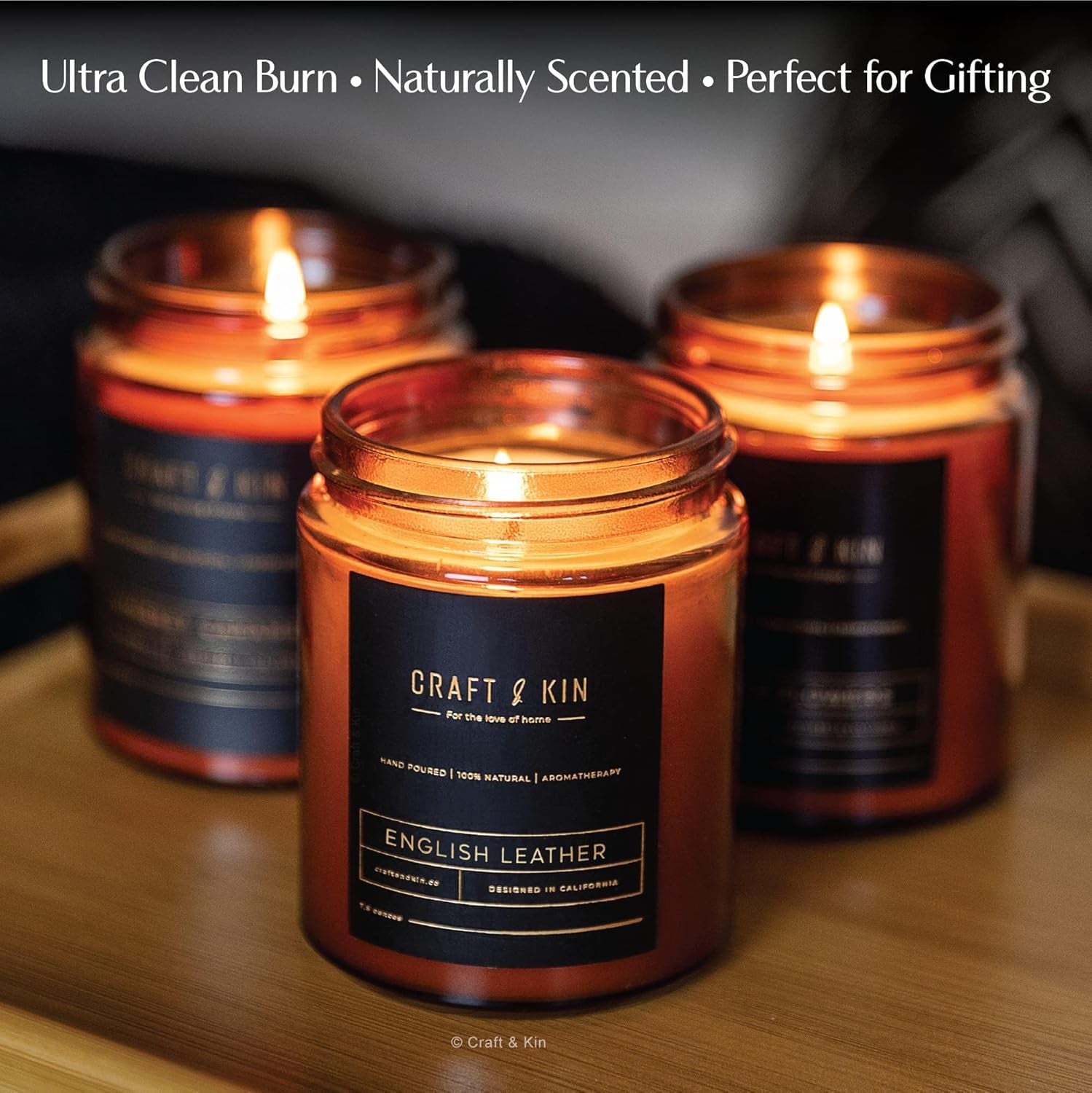 Premium English Leather Scented Candle - Long-Lasting 45-Hour Burn Time - Luxury Natural Soy Candle for Room Decor and Aromatherapy - 8 Oz